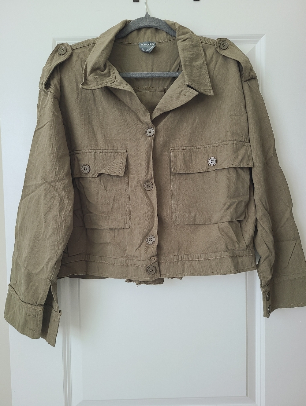 Arula Olive Green Cropped Raw Hem  Cotton Utility Jacket
